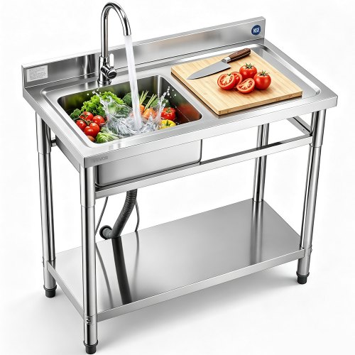 VEVOR Spültisch Spülbecken Edelstahl (100 x 50 x 94 cm), Einzelbecken mit Wasserhahn & Ablage, Küchenspüle für Garage Restaurant Wäscherei, Waschtisch Außenspüle mit Arbeitsplatte (recht)