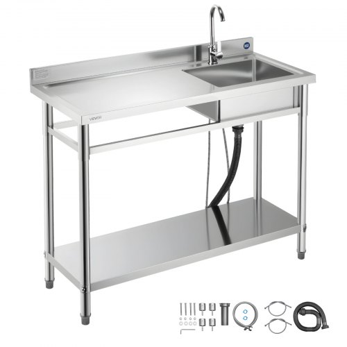 VEVOR Spültisch Spülbecken Edelstahl (120 x 50 x 94 cm), Einzelbecken mit Wasserhahn & Ablage, Küchenspüle für Garage Restaurant Wäscherei, Waschtisch Außenspüle mit Arbeitsplatte (links)
