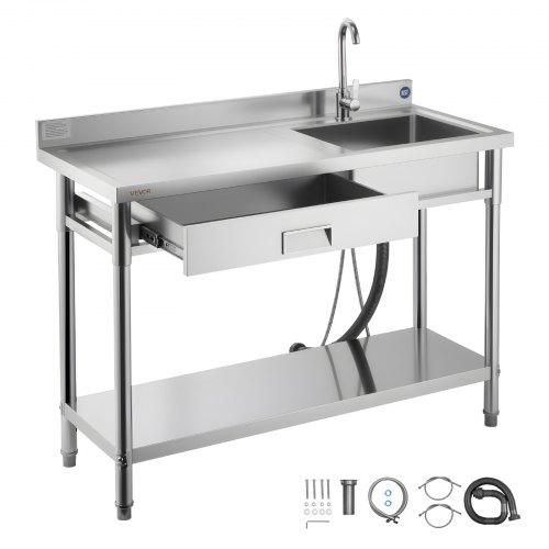

VEVOR Spültisch Spülbecken Edelstahl (120 x 50 x 94 cm), Einzelbecken mit Wasserhahn & Schublade, Küchenspüle für Garage Restaurant Wäscherei, Waschtisch Außenspüle mit Arbeitsplatte (links)
