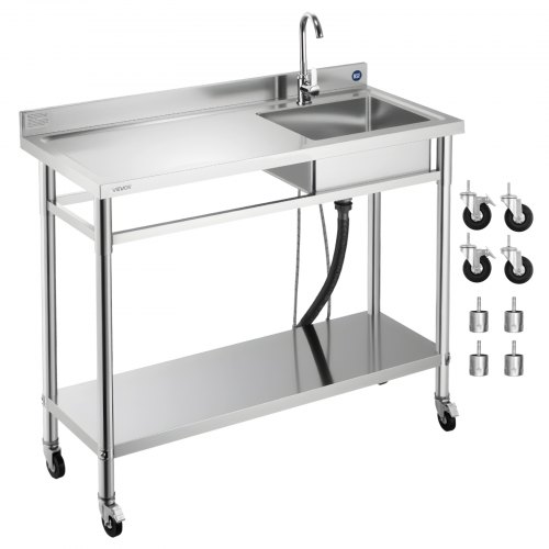 VEVOR Spültisch Spülbecken Edelstahl (1200 x 500 x 1055 mm), Einzelbecken mit Wasserhahn & Rädern, Küchenspüle für Garage Restaurant Wäscherei, Waschtisch Außenspüle mit Arbeitsplatte (links)