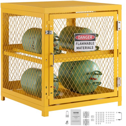 

VEVOR Horizontaler Flaschenlagerschrank, 4 x 33 lbs Flaschenkapazität, 31,02 x 30,04 x 35 Zoll Propan-Lagerkäfig, Gasflaschenschrank, gelbe Pulverbeschichtung, für Freon, Gase, Sauerstoff, Stickstoff