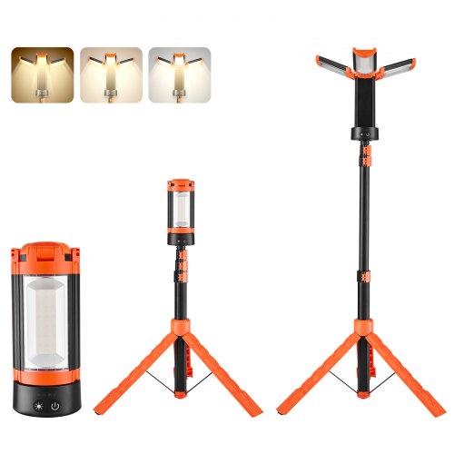 VEVOR Baustrahler LED mit Stativ, Arbeitsleuchte 6 Ah, wiederaufladbares Campinglicht, mit 3 Lampenköpfen, abnehmbarem Stativständer, 2200 LM 3000 K-6500 K dimmbar, Beleuchtung für die Baustelle