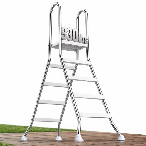 VEVOR Poolleiter Edelstahl 150 kg Tragkraft, Einstiegsleiter A-Rahmen, Sicherheitsleiter für Aufstellpools mit 125 cm Pooltiefe, Einstiegshilfe mit Rutschfesten 3 Stufen & Plattform, Silber