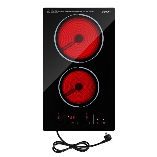 VEVOR Glaskeramikkochfeld 52 x 30 cm Einbau Elektrokochfeld 3000 W 2 Kochzonen, Keramikkochfeld mit 9 Leistungsstufen, Timer, Kindersicherung, Überhitzungsschutz und Touch-Bedienung