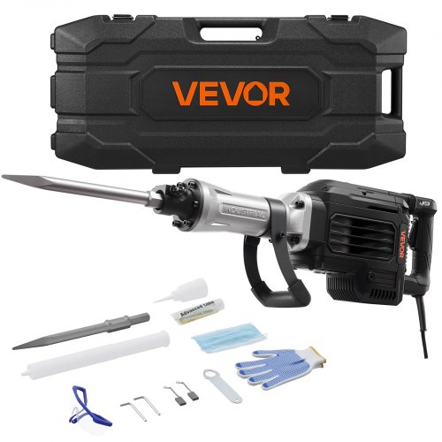 VEVOR Abbruchhammer 3000 W elektrischer Betonhammer, 1700 BPM Presslufthammer mit Spitzmeißel & Tragekoffer & Handschuhe & Schutzbrille, für Beton Wände Ziegel Fliesen Fundamente Schwarz