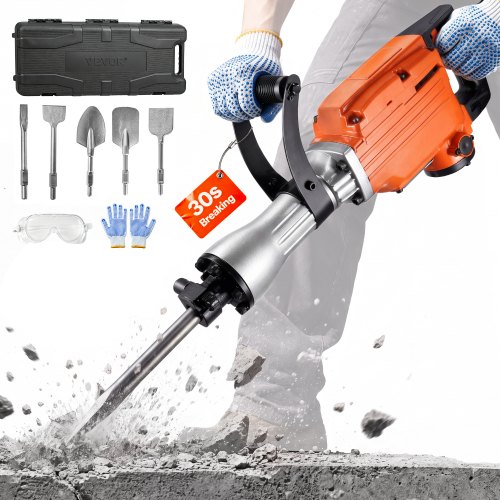 VEVOR Hochleistungs-Betonbrecher Abbruchhammer 2200 W, Elektroabbruchhammer, Bohrhammer Betonhammer Stemmhammer 1400 BPM, inkl. 6 Meißel Spitzmeißel, Flachmeißel, Schabemeißel für Schiefer, Beton usw.