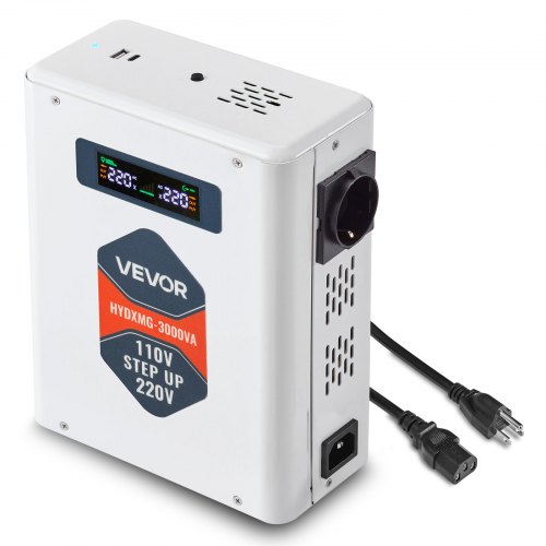 VEVOR Spannungswandler aufwärts, 3000 VA, Hochleistungs-Stromwandler, 110 V auf 220 V Leistungstransformator, mit 2 EU-Steckdosen, USB-Ausgang, LCD-Display, Temperaturschutz, für 220-V-Geräte