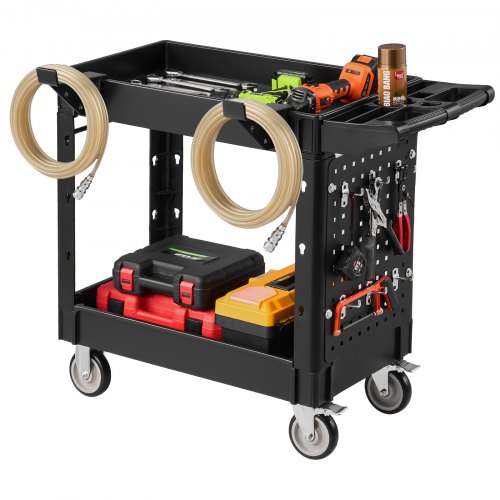 VEVOR Servicewagen Werkstattwagen Werkzeugwagen PP 1010x440x845mm Schwarz, Rollwagen mit 250kg Tragkraft, Inkl. 2 Ebene Rollen Lochwand Haken & Griff mit Ablagefach, Allzweckwagen für Garage Werkstatt