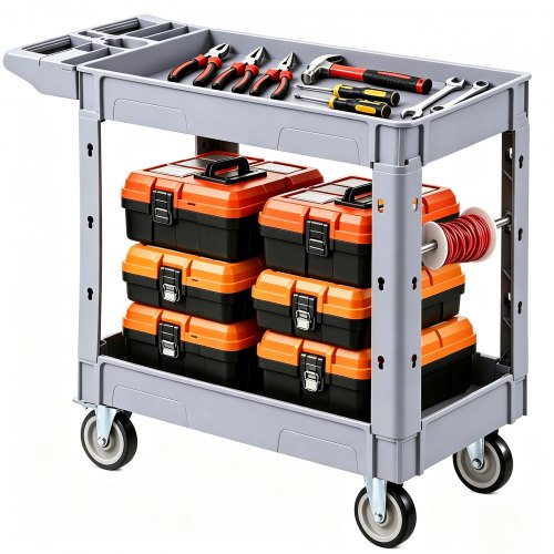 VEVOR Servicewagen Werkstattwagen Rollwagen aus PP 1010x440x845mm Grau, Werkzeugwagen mit 250 kg Tragkraft, Inkl. 2 Ebene 4 Rollen & Griff mit Ablagefach, Allzweckwagen für Garage Lager Werkstatt