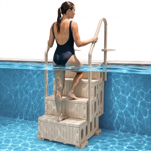 VEVOR Schwimmbadleiter, 4-stufige Treppe mit Doppelhandlauf und rutschfesten Hochleistungsstufen, maximale Tragkraft 181 kg, für 122-137 cm große Pools mit jeder Terrassenoberfläche, Taupe