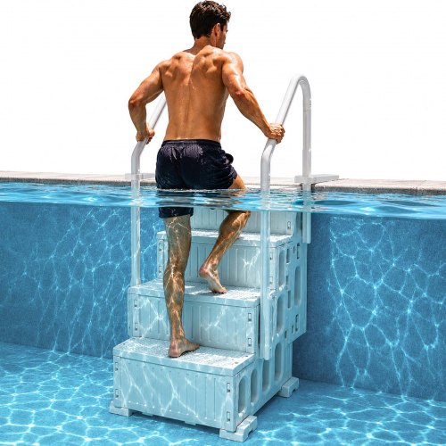 VEVOR Poolleiter, Kunststoff-Pooltreppe mit 2 Handläufen, 4 rutschfesten Stufen, 180 kg Tragkraft, Schwimmbadtreppe für 122-137 cm große Einbaupools, Terrasse, Haus, Innen, Außen, Weiß