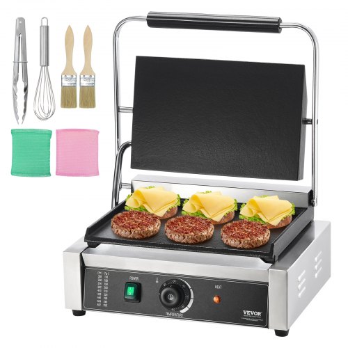 VEVOR kommerzieller Panini-Grill, 2200 W elektrischer Sandwich-Panini-Maker, Sandwich-Pressgrill aus Edelstahl, Panini-Grill mit Temperaturregelung und 36 x 23 cm großer, flacher Emaille-Platte