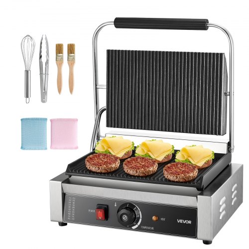 

VEVOR kommerzieller Panini-Grill Kontaktgrill 2200 W für Sandwiches Steak Bacon Hamburger, Sandwichmaker Pressgrill aus Edelstahl mit Griff & Temperaturregelung & 34 x23 cm Heizplatte, Paninipresse