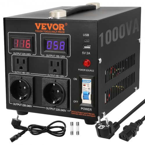 

VEVOR 1000VA Spannungswandler Transformator AC 110V⇋220V Transformer Wandler 2x US NEMA 5-15R 3-polige/2x standardmäßige europäische Shucko-Ausgangssteckdosen, 1x 5V-USB-Anschluss, 1x Typ-C-Buchse