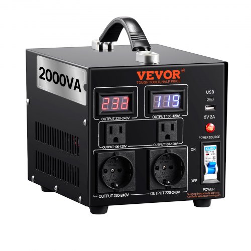 

VEVOR 2000W Spannungswandler Transformator AC 110V⇋220V Transformer Wandler 2x US NEMA 5-15R 3-polige/2x standardmäßige europäische Shucko-Ausgangssteckdosen, 1x 5V-USB-Anschluss, 1x Typ-C-Buchse