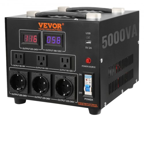 

VEVOR 5000VA Spannungswandler Transformator AC 110V⇋220V Transformer Wandler 3x US NEMA 5-15R 3-polige / 3x europäische Shucko-Ausgangssteckdosen, 1x 5V-USB-Anschluss und 1x Typ-C-Buchse