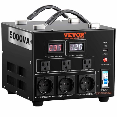 

VEVOR 5000W Spannungswandler Transformator AC 110V⇋220V Transformer Wandler 3x US NEMA 5-15R 3-polige / 3x europäische Shucko-Ausgangssteckdosen, 1x 5V-USB-Anschluss und 1x Typ-C-Buchse