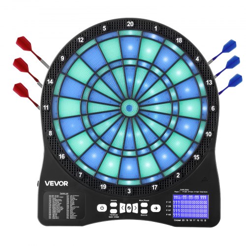 

VEVOR Elektronische Dartscheibe, E-Dartboard mit LED-Beleuchtung, 48 Spielen & 500 Variationen, inkl. 6 Dartschäften mit Flights & 50 Ersatz-Pfeilspitzen, LCD mit Cricket-Punktestand, für 8 Spieler
