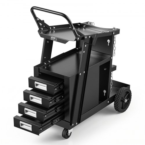 VEVOR Schweißwagen 2 Ablageflächen mit 4 Schubladen Schweißmobil Max. 100-120kg Wagen für Schweßgeräte mit 2 Gasflaschenhalterung Ideal für Handschweißen Schutzgasschweißen Argon-Lichtbogenschweißen
