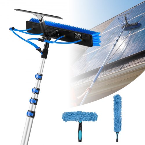 VEVOR 2-in-1 Teleskop Waschbürste für Solarpanel, Photovoltaik Reiniger Set mit 1,8-7,9m Alu-Teleskop 20m Wasseranschluss Abzieher Seifenspender, Reinigungsbürste für Solaranlage Fenster Terrassendach