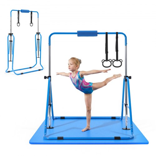 VEVOR Gymnastikstange für Kinder mit 63,5 kg Tragkraft, Klappbares Turnreck mit Matte, Höhenverstellbare Turnstange für Indoor- und Outdoor-Training, Heimtrainingsgerät für Kinderturnen zu Hause, Blau