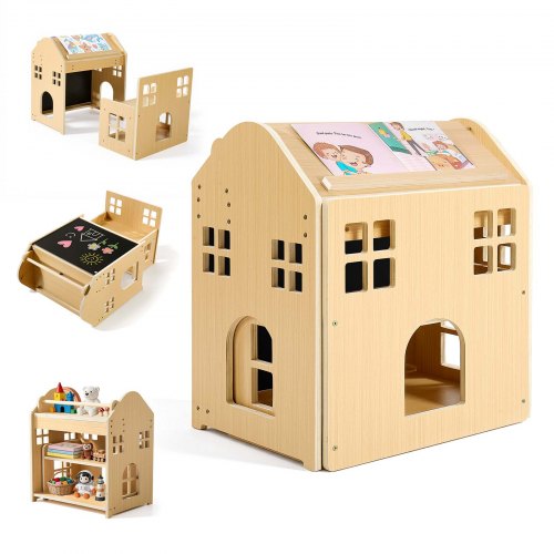 VEVOR Montessori-Tisch- & Stuhlset, Holz, 3-in-1-Kindersitzgruppe, Kindermöbel mit Abnehmbarer Kreidetafel, 0°- & 35°-Winkel, für Kleinkinder von 1-5 Jahren zum Essen, Zeichnen, Lesen & Spielen
