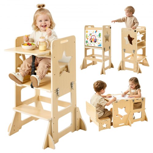 VEVOR Lernturm für Kinder von 1-5 Jahren, Holz, 6-in-1 Lernstuhl, Montessori-Tisch- & Stuhlset, Kindertritt, Montessori Learning Tower mit Tafel & Esstablett, für Bad & Küchenarbeitsplatte