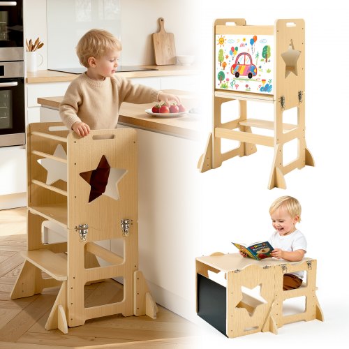 VEVOR Lernturm für Kinder von 1–5 Jahren, 4-in-1-Lernstuhl, Montessori-Tisch- & Stuhlset, Kindertritt aus Holz, Montessori Learning Tower mit Tafel, Kindermöbel für Bad & Küchenarbeitsplatte