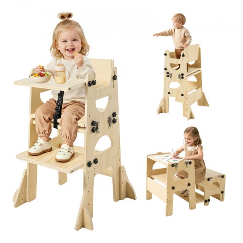 VEVOR Lernturm für Kinder im Alter von 1 bis 5 Jahren, Höhenverstellbarer Lernstuhl aus Holz, Montessori-Tisch- & Stuhlset, Learning Tower mit Tafel & Rückenlehne für Bad & Küchenarbeitsplatte