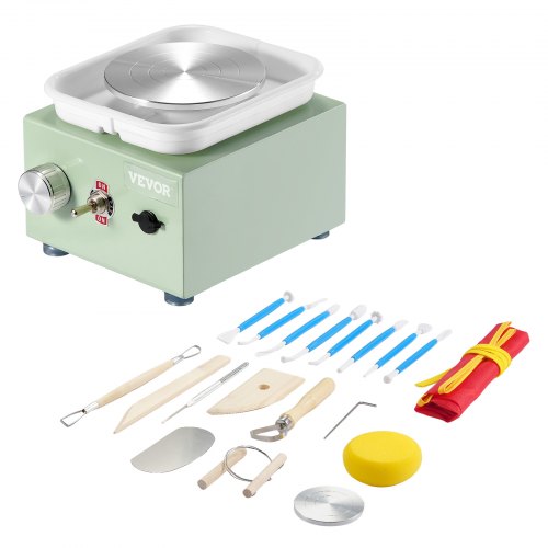 

VEVOR Mini-Töpferscheibe, 0–320 U/min, einstellbare Geschwindigkeit, abnehmbare Beckenformmaschine, 2,56 Zoll/3,94 Zoll, 2 Drehteller, elektrische Keramik-Töpferscheibe, 18-teiliges Zubehör, für Kunsthandwerk, Heimwerken, Grün