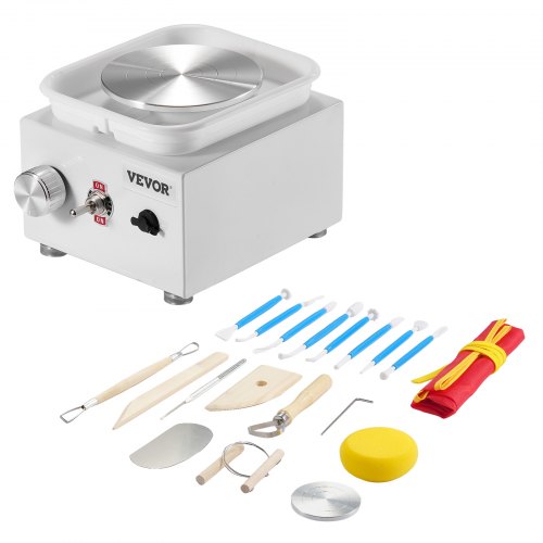 

VEVOR Mini-Töpferscheibe, 0–320 U/min, einstellbare Geschwindigkeit, abnehmbare Beckenformmaschine, 2,56 Zoll/3,94 Zoll, 2 Drehteller, elektrische Keramik-Töpferscheibe, 18-teiliges Zubehör, für Kunsthandwerk, Heimwerken, weiß