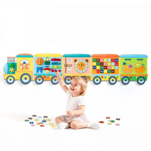 VEVOR Montessori Busy Board 14-in-1 Faltbares Wandmotorikbrett Zugthema, Aktivitätsbrett zur Bildung & Frühe Entwicklung für Kinder, Filzstoff, mit Buchstaben Früchten, Gemüse Uhr & Lernelementen