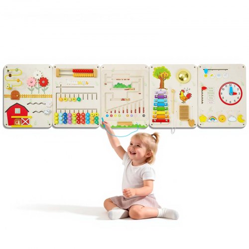 VEVOR Montessori Busy Board 16-in-1 5-Teiliges Wandmotorikbrett aus Holz, Sensorisches Lernspielzeug zur Bildung & Frühe Entwicklung für Kita Zuhause, mit Xylophon Uhr Zahnrädern & Lernelementen
