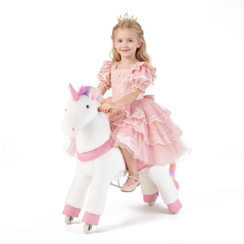 VEVOR Reitpferd auf Rollen 99cm, 80kg Belastbares Stehpferd mit Soundfunktion, Spielpferd mit Erhöhtem Sitz Griffen & Pedalen, Weißes Einhorn mit Regenbogenmähne zum Reiten für Kinder Mädchen ab 6