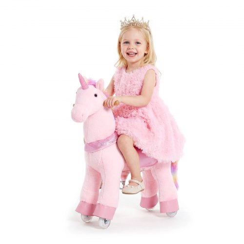 VEVOR Reitpferd auf Rollen 80cm, 50kg Belastbares Stehpferd mit Soundfunktion, Spielpferd mit Erhöhtem Sitz Griffen Pedalen, Rosa Einhorn mit Regenbogenmähne zum Reiten für Kinder Mädchen 3-8 Jahren