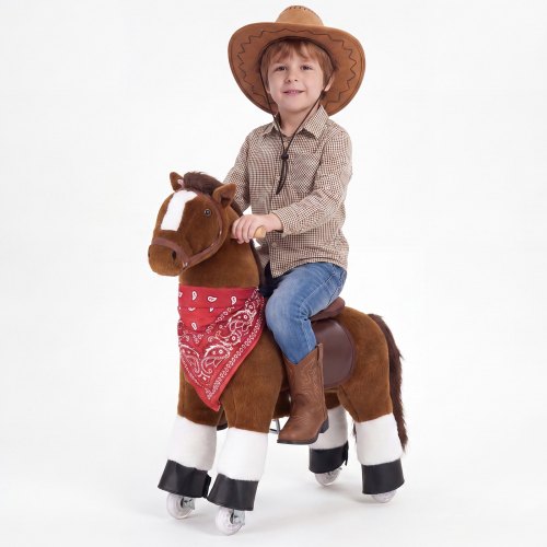 VEVOR Reitpferd auf Rollen 76cm, 50kg Belastbares Stehpferd mit Soundfunktion, Spielpferd mit Erhöhtem Sitz Griffen & Pedalen, Braunes Schaukelpferd zum Draufsitzen & Reiten für Kinder von 3-6 Jahren