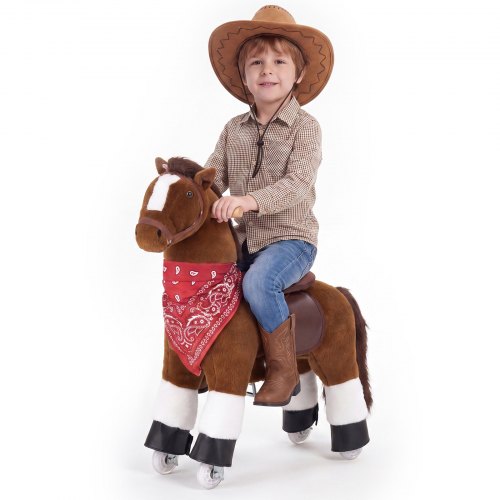 VEVOR Reitpferd auf Rollen 76cm, 50kg Belastbares Stehpferd mit Soundfunktion, Spielpferd mit Erhöhtem Sitz Griffen & Pedalen, Braunes Schaukelpferd zum Draufsitzen & Reiten für Kinder von 3-6 Jahren
