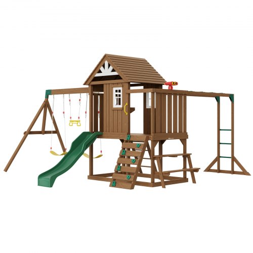 

VEVOR Holz Schaukel Set 10 in 1 Outdoor Spielplatz Sets 1,8m Rutsche Oberen Fort