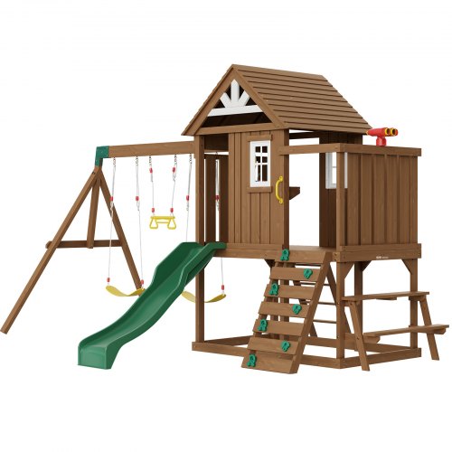 

VEVOR Holz Schaukel Set 9 in 1 Outdoor Spielplatz Sets 1,8m Rutsche Oberen Fort