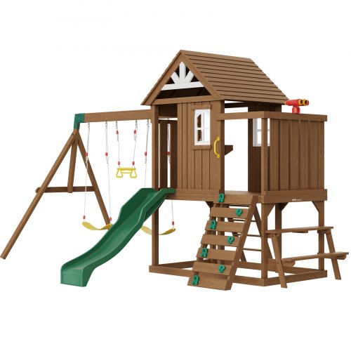 VEVOR Schaukelset Holz, 9 in 1 Spielplatz-Sets für Outdoor-Garten, 2 Schaukeln, Trapezstange, 1,8 m Rutsche, große obere Festung mit Küchenspielzeug, flache Trittleiter, Kletterwand, Picknicktisch