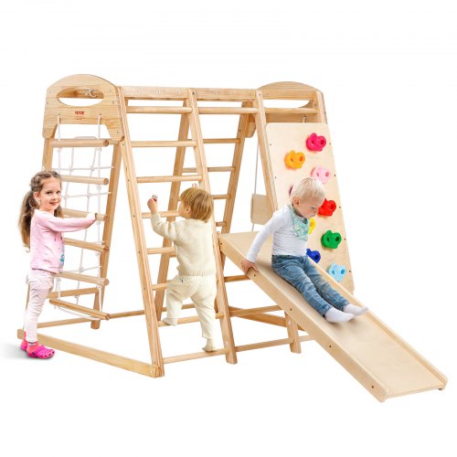 VEVOR Indoor Klettergerüst, 7-in-1 Multifunktional Spielplatz, mit Holz- & Seilleiter, Netzleiter, Schaukel, Kletterstange, Rutsche, Kletterwand, Kletterspielzeug für Kinder im Alter von 2-6 Jahren