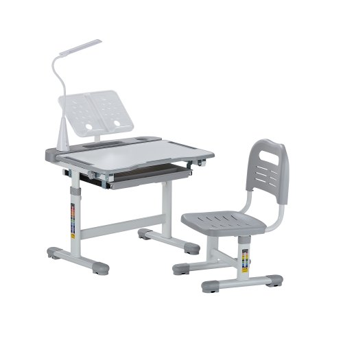 VEVOR Schreibtisch Set Kinderschreibtisch Arbeitstisch und Stuhl höhenverstellbare (53-71 cm) belastbar (100 kg) mit Tischlampe & 0-40° geneigten Schreibtischplatte für Schlafzimmer Grau
