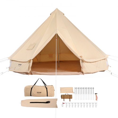 VEVOR Glockenzelt 4 x 2,5 m Jurten Zelt TC-Baumwolle und robusten Eisenstangen mit einer PVC-Bodenplane Campingzelt 6 Personen Familienzelt 8 Fenster Gruppenzelt für Outdoor-Abenteuer