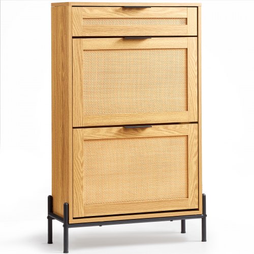 

VEVOR Schuhschrank Schuhkommode aus Rattan mit 2 Klappschubladen & 1 Ausziehschublade, Metallbeine, schmaler Schuhschrank ideal für Eingangsbereich Diele Schrank Flur helle Holzfarbe Schuhkipper