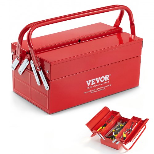 VEVOR Werkzeugkasten 355,6x200x165mm, 2-stöckig, 3-Fach, Werkzeugkiste mit Griff & Schlossloch, pulverbeschichteter Stahl, Werkzeugkoffer für Haushalt, Fabrik, Lager, Reparaturwerkstatt, rot