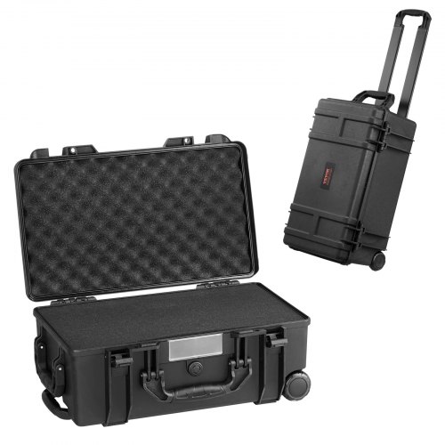 

VEVOR wetterfester Hartschalenkoffer Trockenboxen mit vorgeschnittenem Schaumstoff, Rollen und einziehbaren Griffen für Reisen, IP67 wasserdichtes Gehäuse für Kameras Schwarz (55 x 34 x 24 cm)