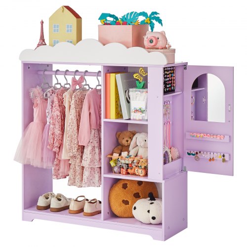 VEVOR Kinderkleiderschrank 91x30x103cm, Kindergarderobe mit Spiegel Kleiderstange Ablagen, Verkleidungsschrank aus MDF mit Schmuckkästchen für Mädchen, Kinderschrank für Kostüme Spielzeug Puppen, Lila