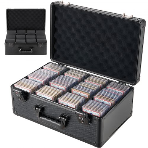 VEVOR Kartenaufbewahrungsbox für 152 PSA-Slab-Karten, Schwarze Kartenbox für 120 SGC, 100 BGS, 550 Toploader oder über 999 Lose Karten, mit 4 Reihen, 12 Trennfächern & TSA-zugelassenem Schloss