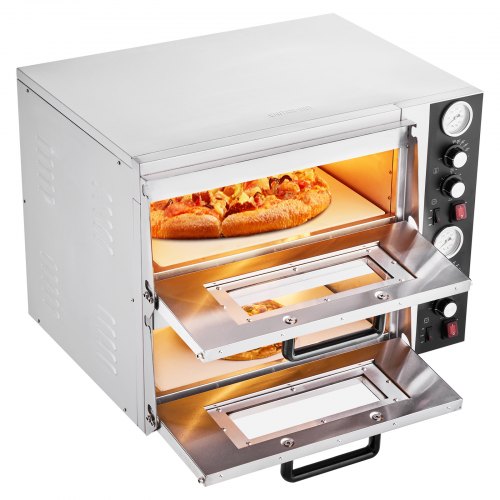 VEVOR elektrischer Pizzaofen für 457 mm Pizza 2500 + 2500 W Pizzabackofen bis 450 °C, Pizzamaker mit Zeit- und Temperaturregelung & Doppelkammer, Pizzabackmaschine Pizzamaschine multifunktional
