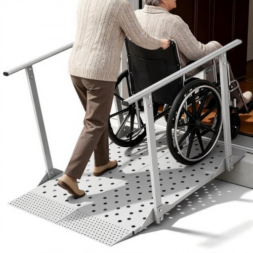VEVOR Rollstuhlrampe mit Handläufen, 1140x850x705mm Schwellenrampe mit Max. 199,6kg Tragkraft, Rutschfeste Auffahrschiene aus Eisen, Tragbare Auffahrrampe für Scooter Türschwelle Bordsteine Treppen